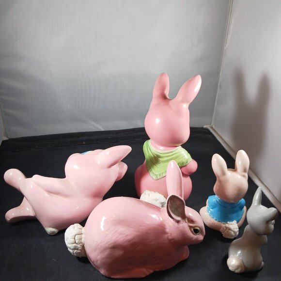 Vintage 5pcs Ceramic Bunny Rabbit Figurines Pink Glazed Shelf Decor - Picture 3 of 13